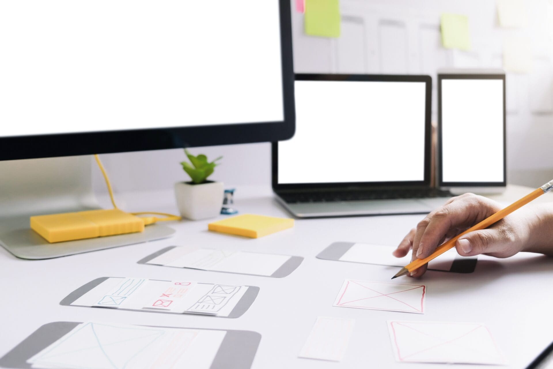 Web designer, UX UI designer and programmer planning application for mobile phone.